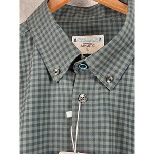 &Collar AndCollar Mens L Performance Dress Shirt Green Check Athletic Work NEW